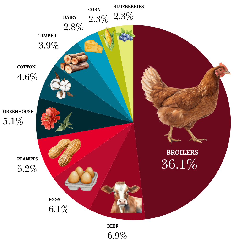Pie chart showing the relative share of major agricultural commodities. The chart uses color-coded slices with illustrative images representing each commodity. Accessible data is available under the heading "Georgia's top commodities are:"